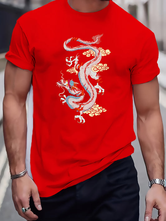 Stylish Chinese Dragon Pattern Print Men's T-shirt, Crew Neck Short Sleeve Tops, Graphic Tee Men's Summer Clothes, Men's Outfits