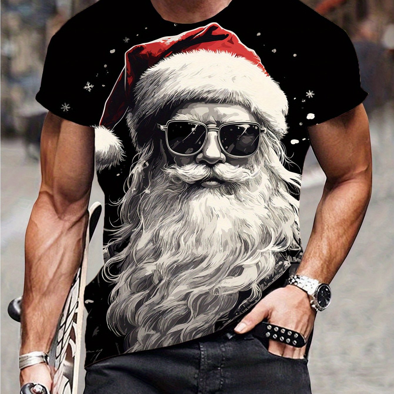 Christmas Santa Claus Print T-shirt, Men's Casual Street Style Stretch Round Neck Tee Shirt For Summer